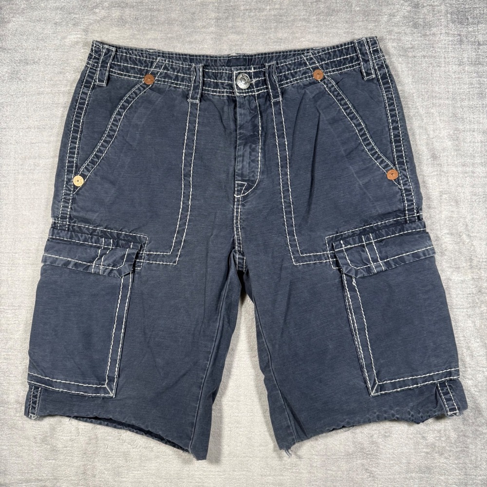 True Religion Cargo Shorts Mens 34 Blue Big T Contrast Stitching Y2K Streetwear
